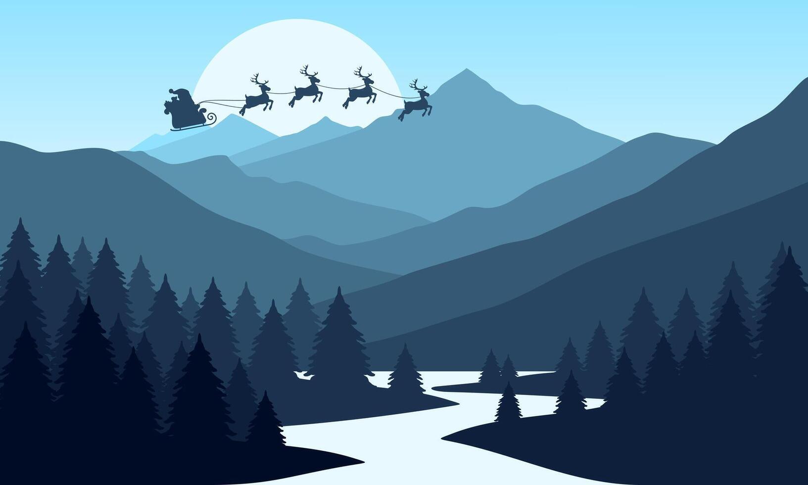Blue mountain landscape with clear sky, santa claus, christmas, sunset behind the mountains and silhouettes of trees and calm lake water vector