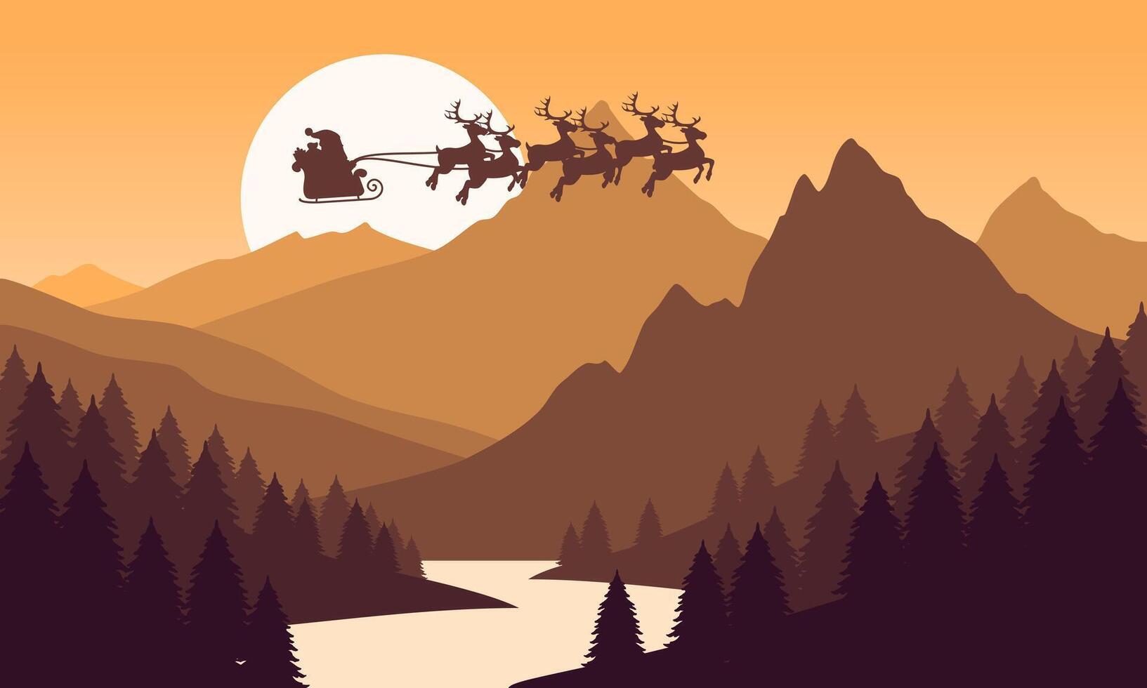 Orange mountain landscape with clear sky, santa claus, christmas, sunset behind the mountains and silhouettes of trees and calm lake water vector