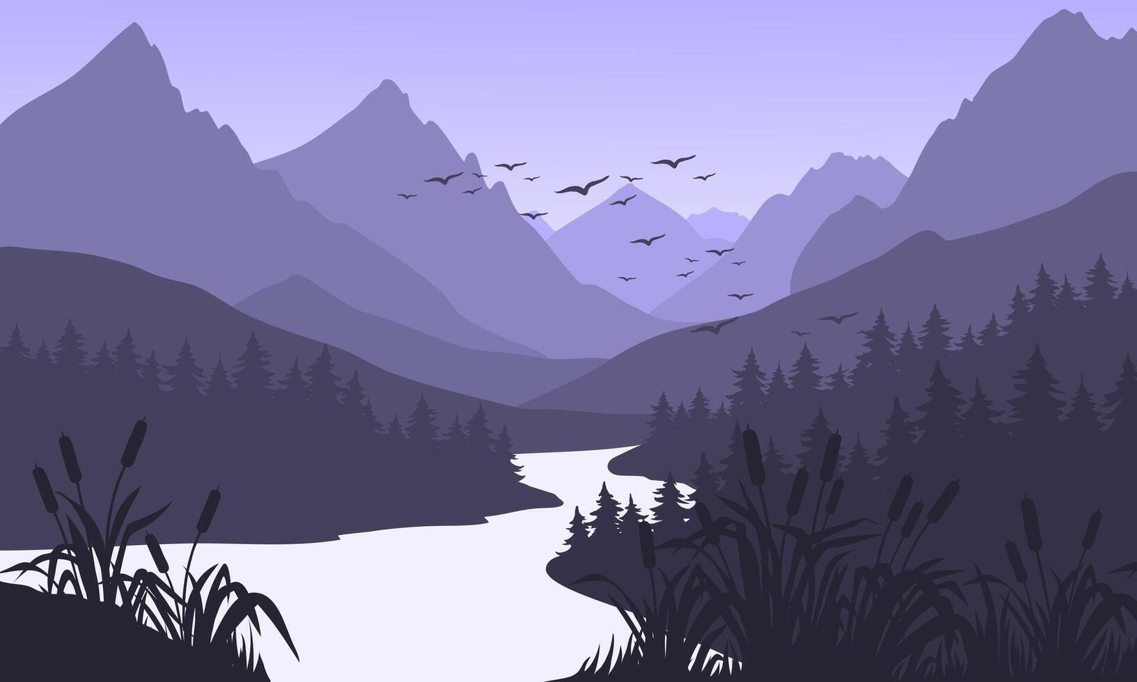 A river in the mountains with birds flying over it vector