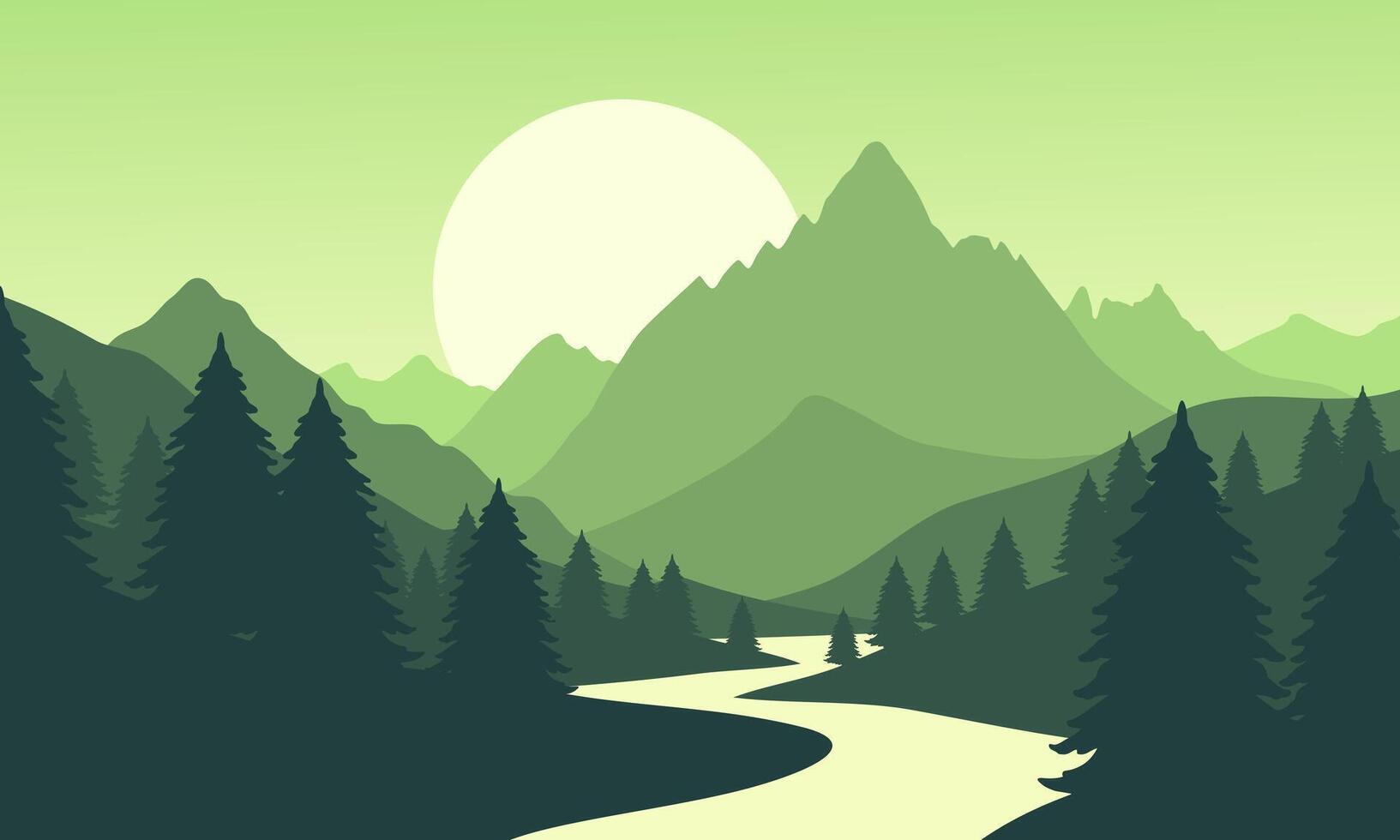 A green mountain landscape with a river and trees vector