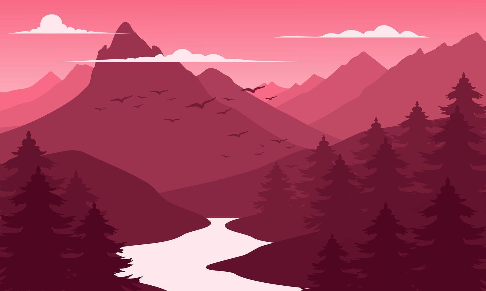 A pink background with mountains and trees vector