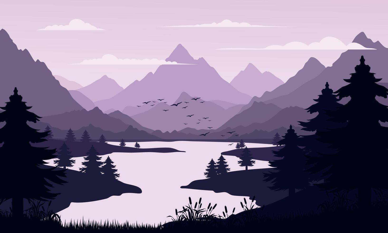 A purple landscape with mountains and trees vector