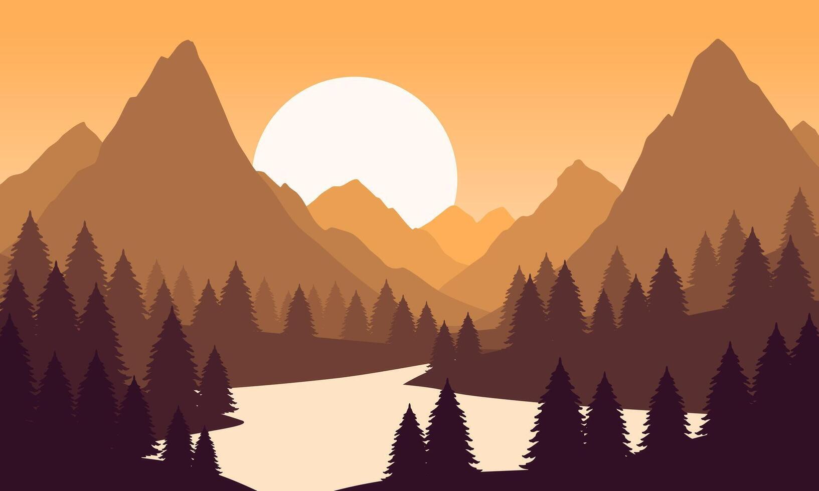 A mountain landscape with trees and a river vector