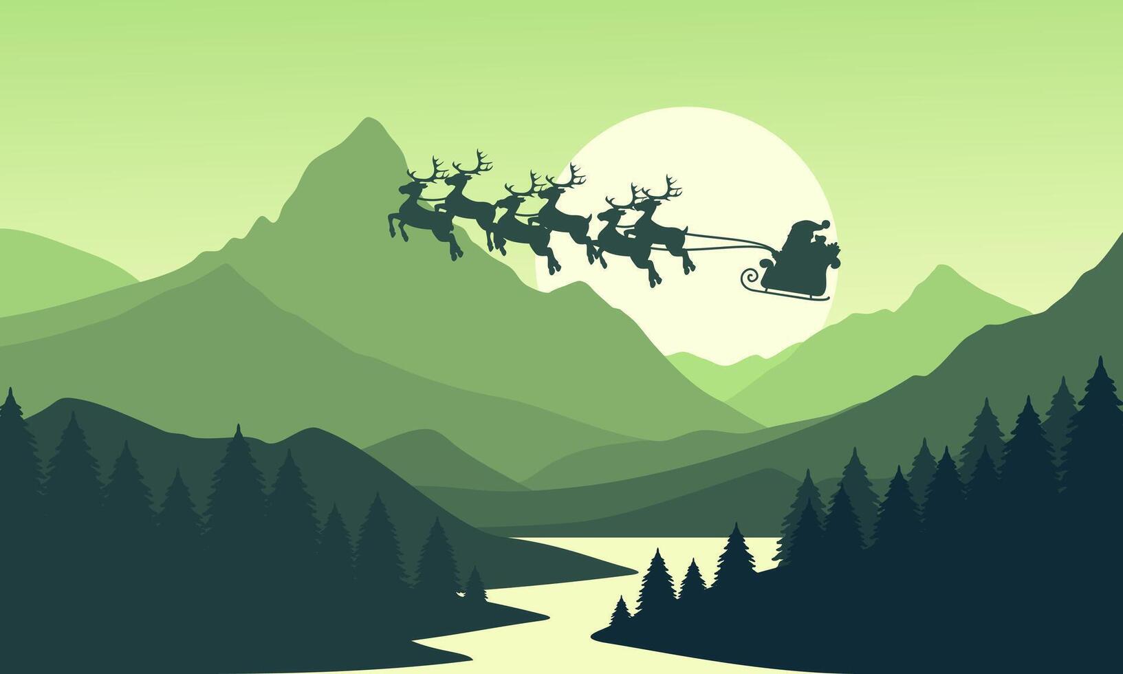 Green mountain landscape with clear sky, santa claus, christmas, sunset behind the mountains and silhouettes of trees and calm lake water vector