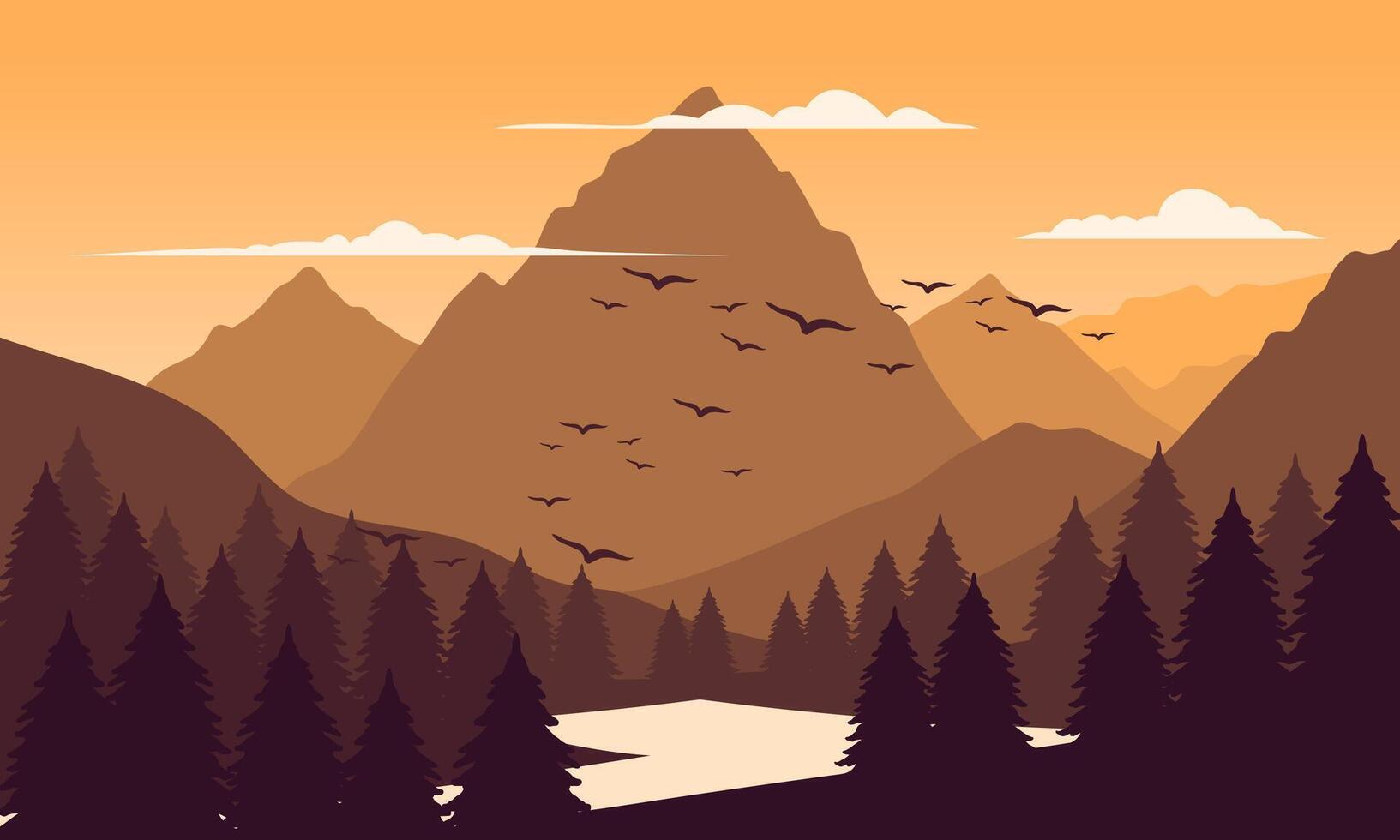 A mountain landscape with birds flying over it vector