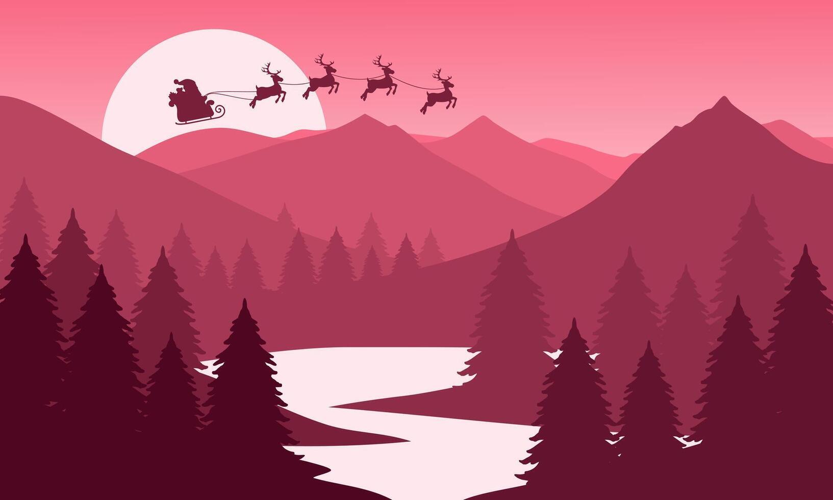 Red mountain landscape with clear sky, santa claus, christmas, sunset behind the mountains and silhouettes of trees and calm lake water vector