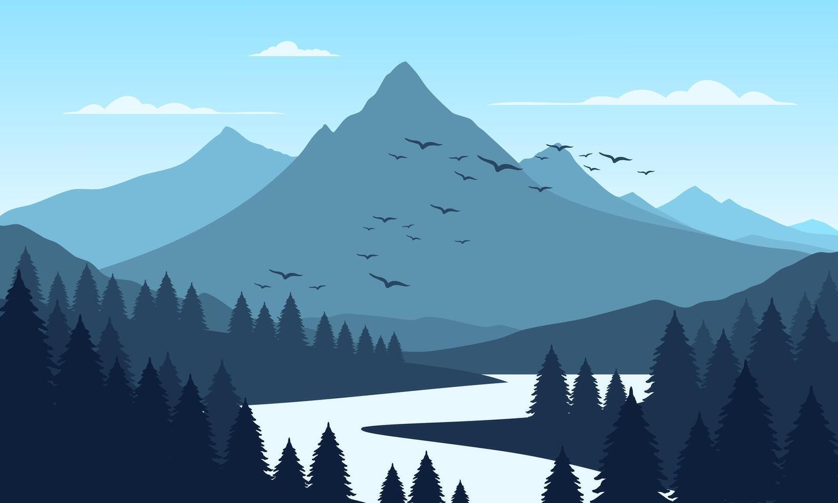 A mountain landscape with birds flying over it vector