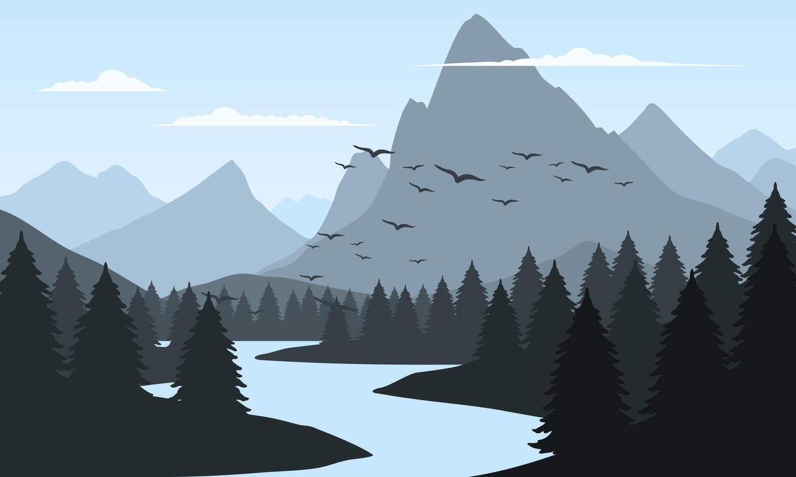 A mountain landscape with a river and birds vector