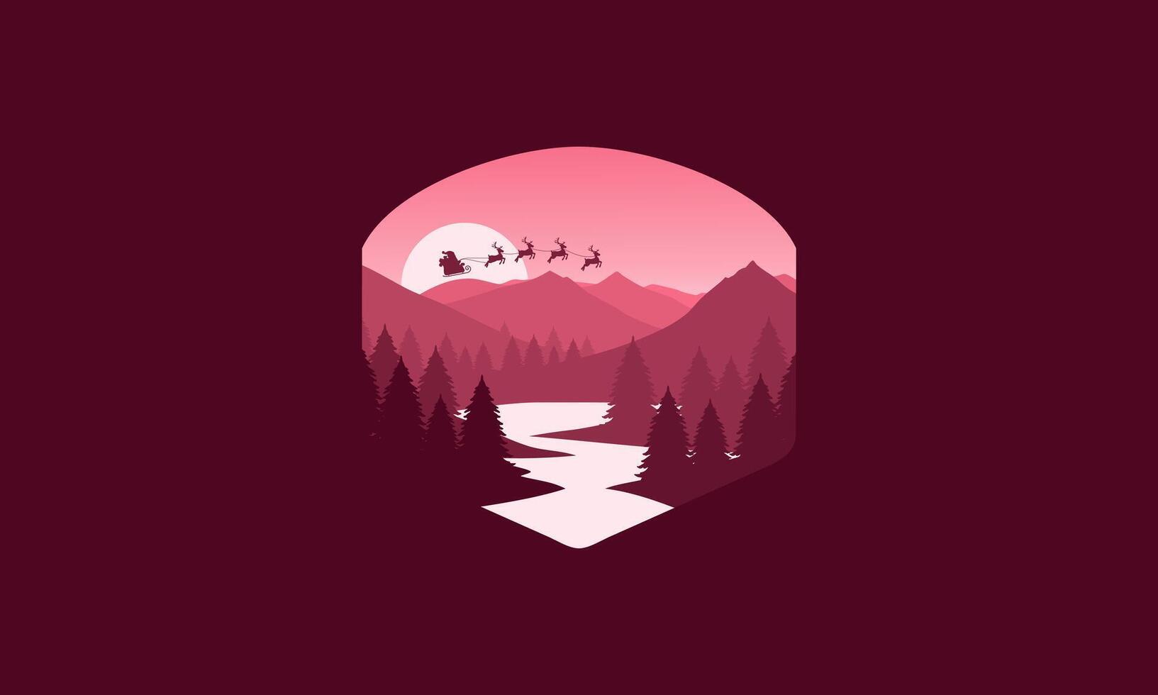 Landscape badge flat illustration of mountains, santa claus, christmas, calm river and silhouettes of pine trees, soft red gradations layered vector