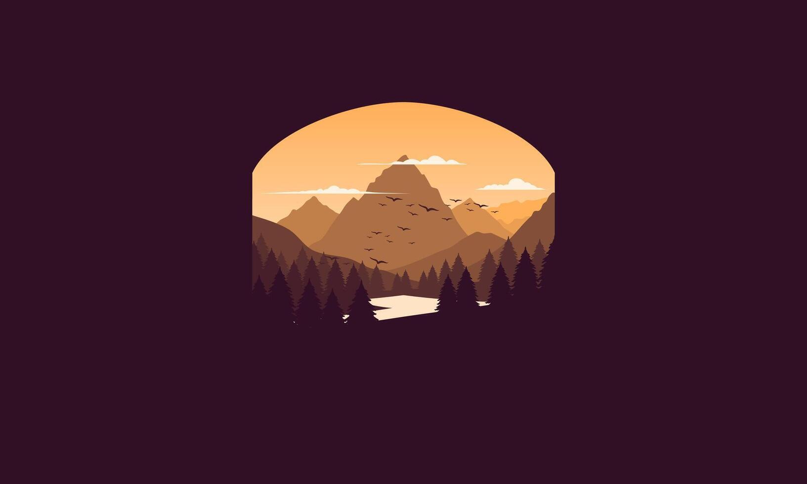 Landscape badge flat design illustration of mountains, calm river and silhouettes of pine trees, soft orange gradations layered vector