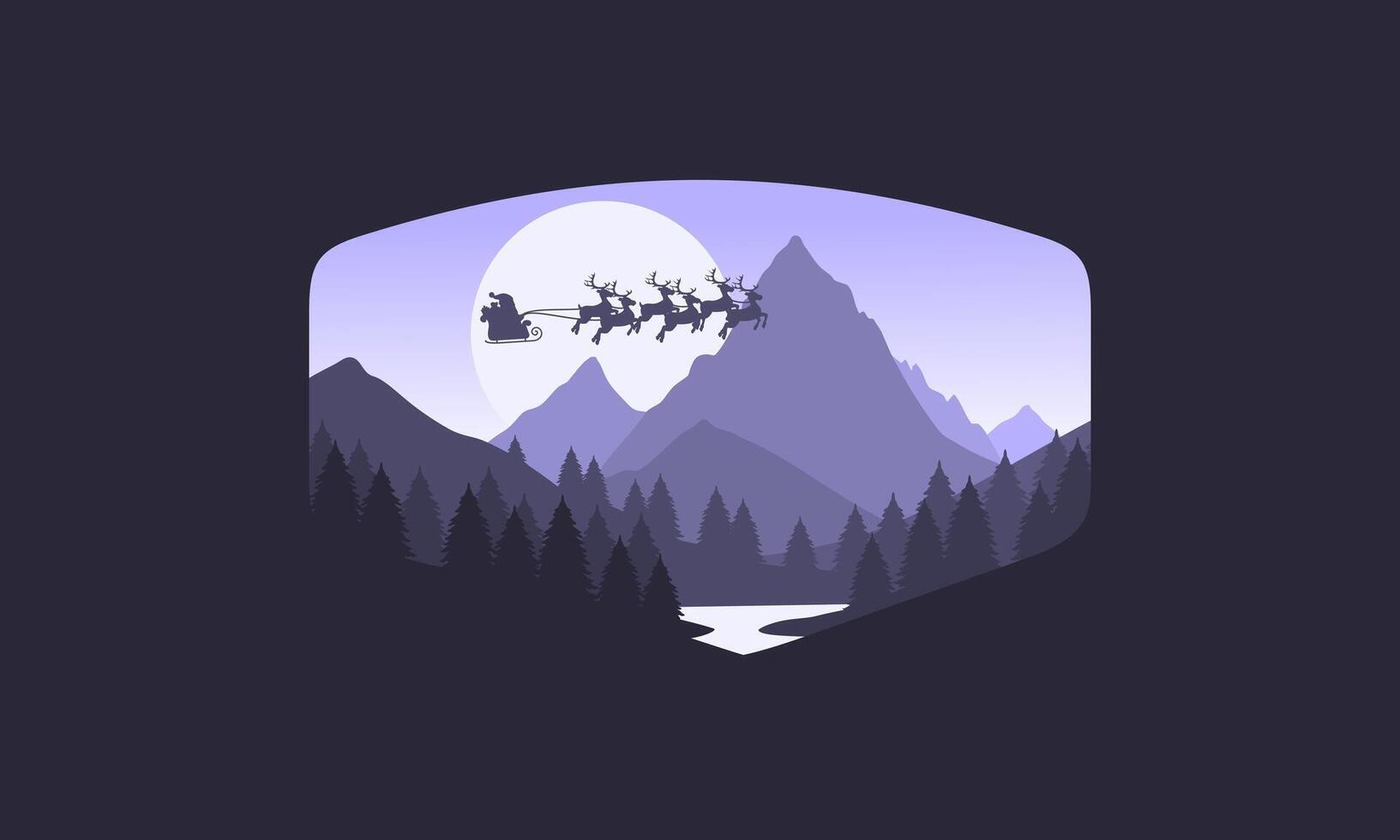 Landscape badge flat illustration of mountains, santa claus, christmas, calm river and silhouettes of pine trees, soft purple gradations layered vector