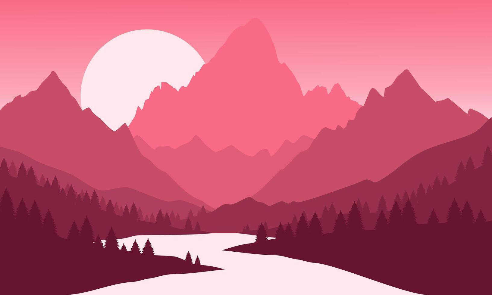 A pink background with mountains and trees vector