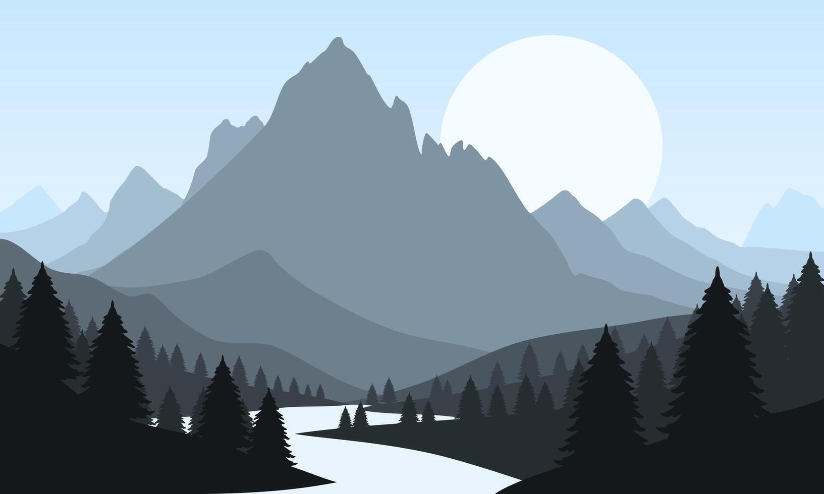 A mountain landscape with trees and a river vector