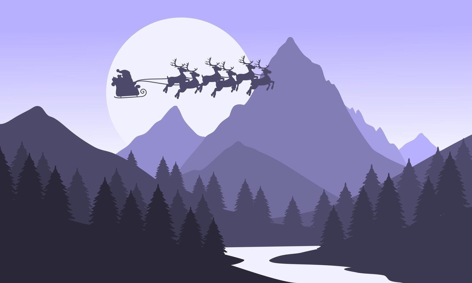Purple mountain landscape with clear sky, santa claus, christmas, sunset behind the mountains and silhouettes of trees and calm lake water vector