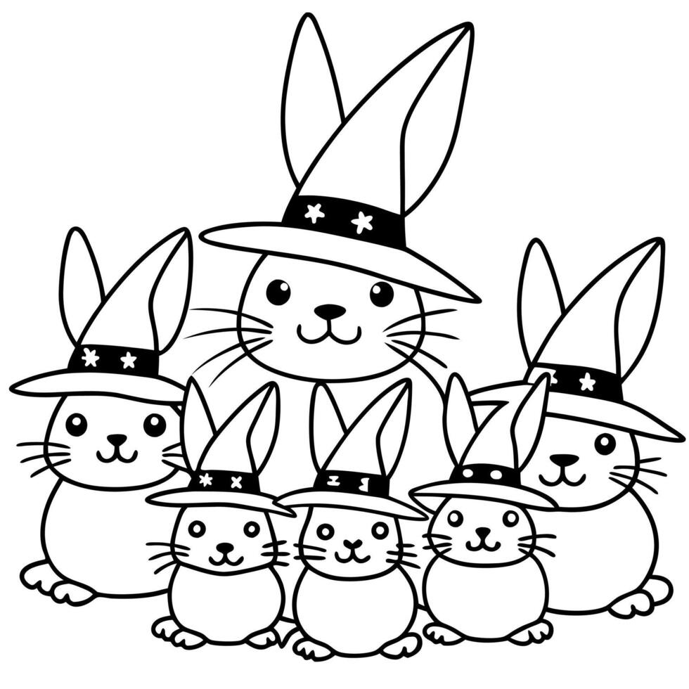 Whimsical Halloween Rabbit Group in Witches Hats - Charming Illustration vector