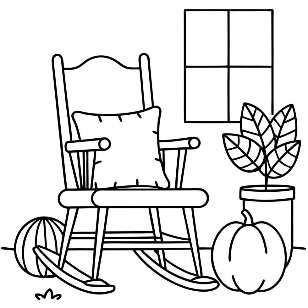 A rocking chair and pumpkin on the floor coloring page vector
