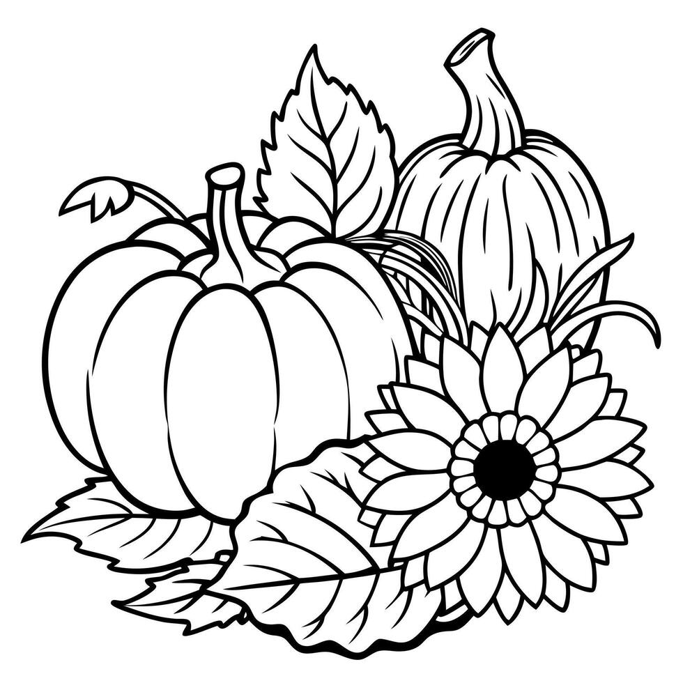 A pumpkin and sunflower coloring page vector