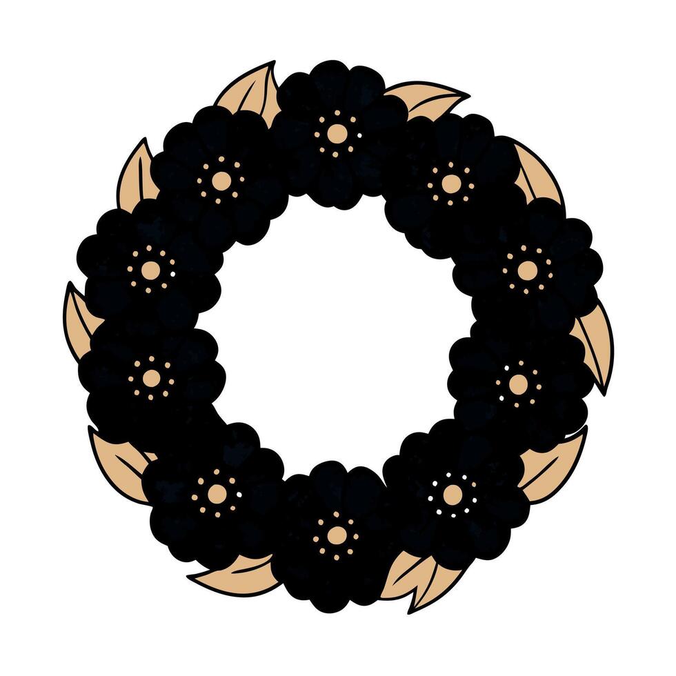 A black and gold wreath with flowers on it vector