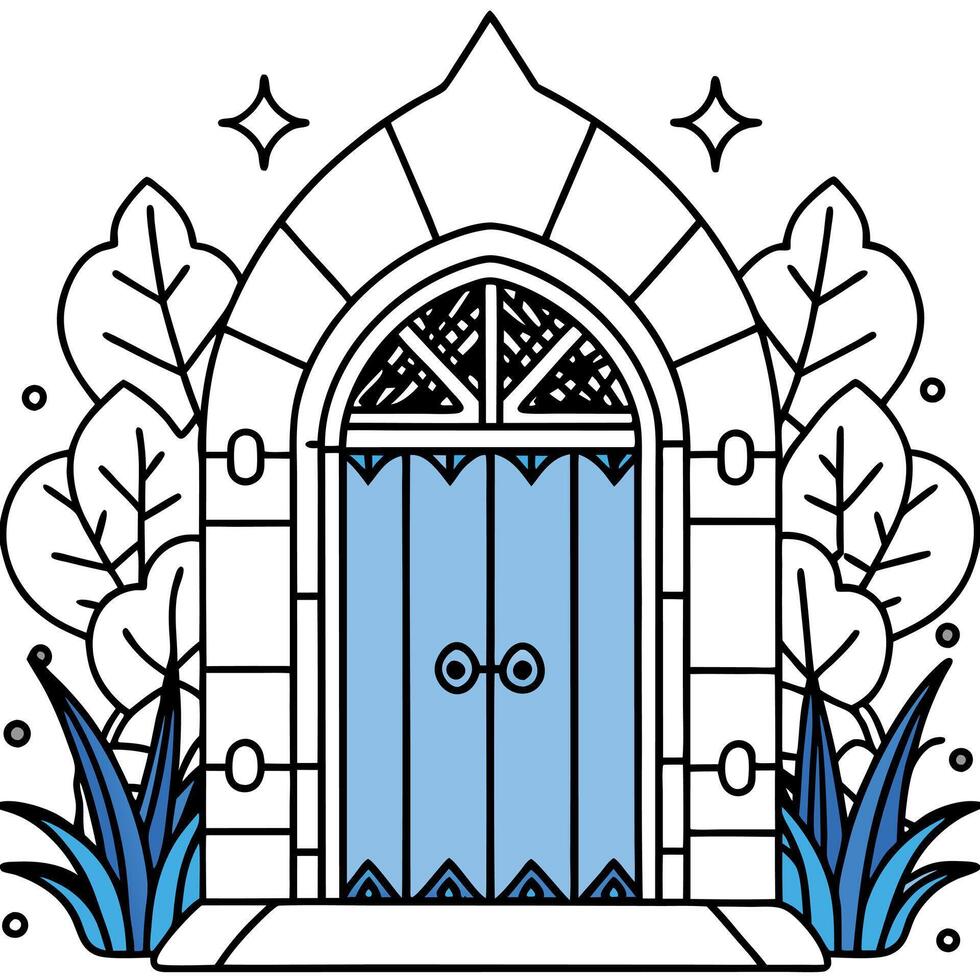 A blue door with a window and plants in front vector