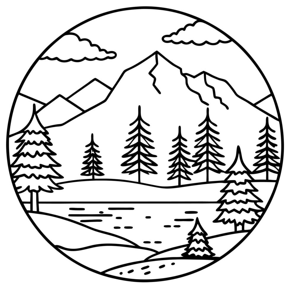 A black and white illustration of a lake and mountains vector