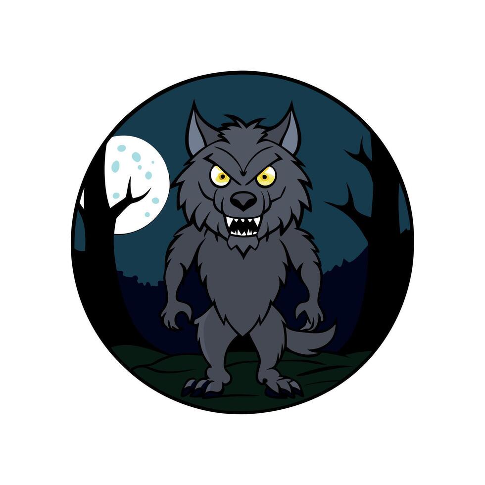 Werewolf lycanthrope. Dark misty forest full moon. Evil glowing eyes and sharp fangs. Black furry wolf. vector