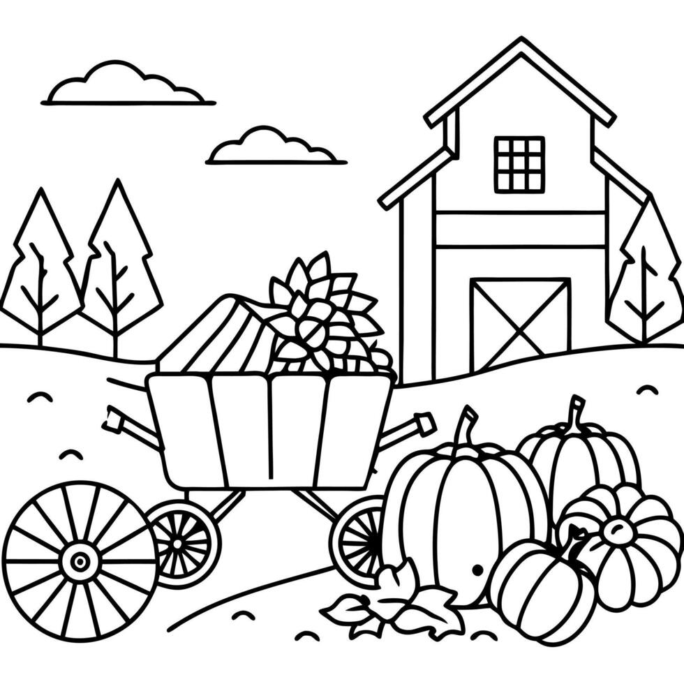 A coloring page with pumpkins and a wagon vector
