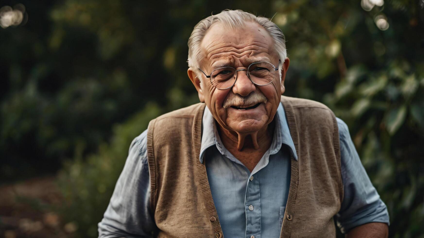 A realistic depiction of a grandfather prone to back pain, generated by AI photo