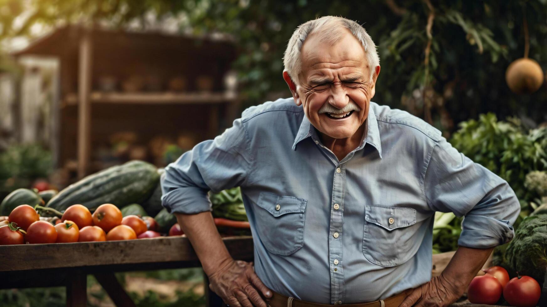 A realistic depiction of a grandfather prone to back pain, generated by AI photo