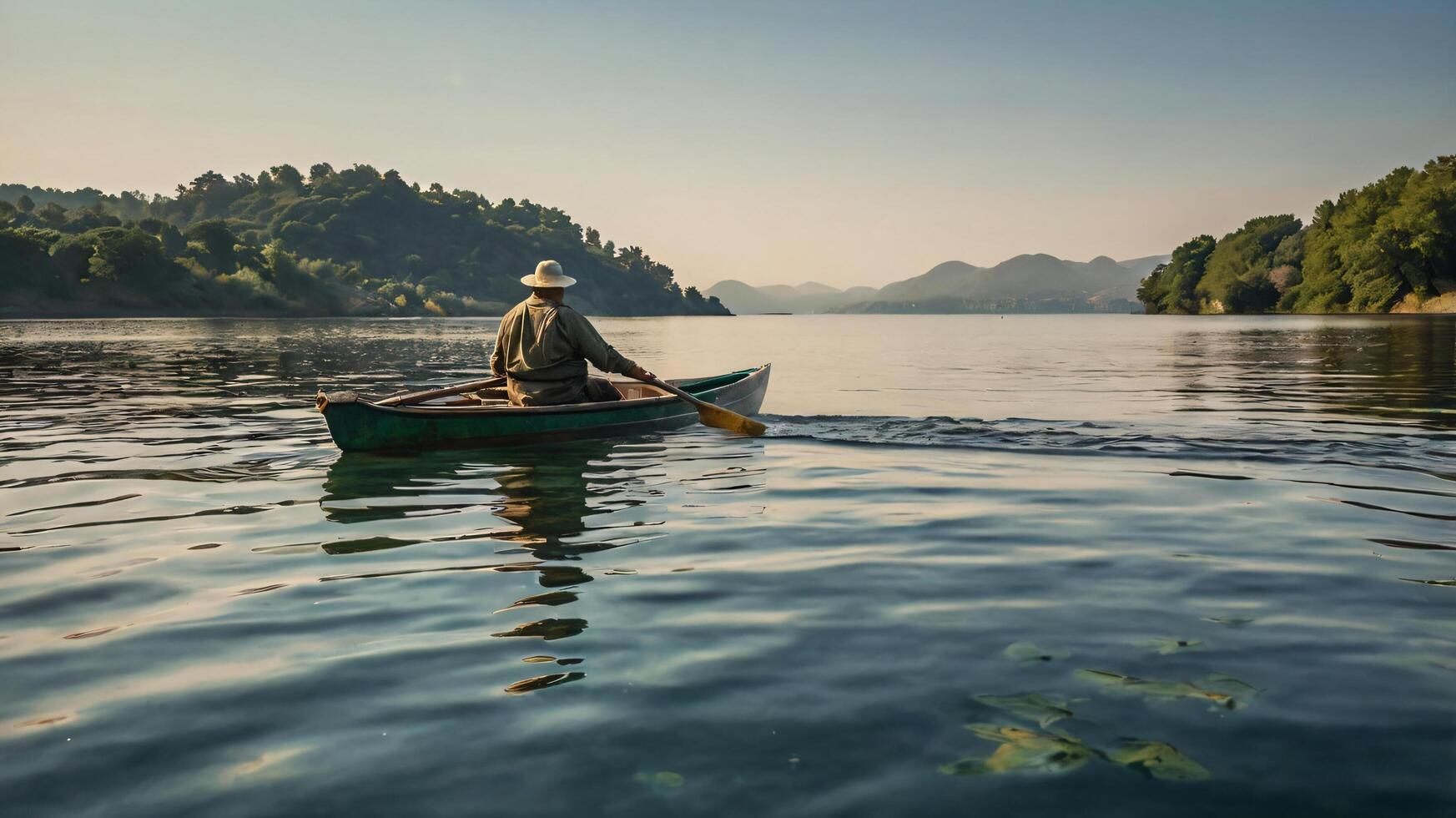 a man is rowing a boat in the middle of a lake, photo