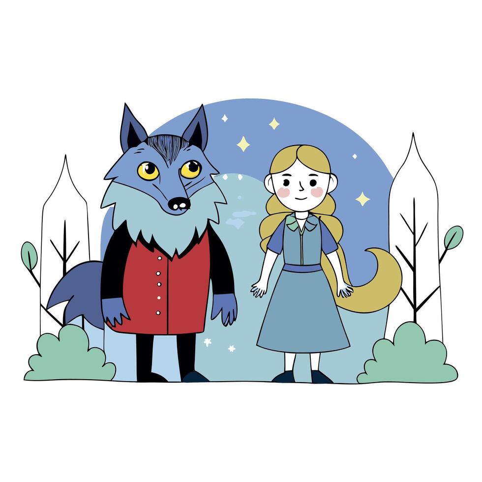 Werewolf and a woman in magical forest digital art vector