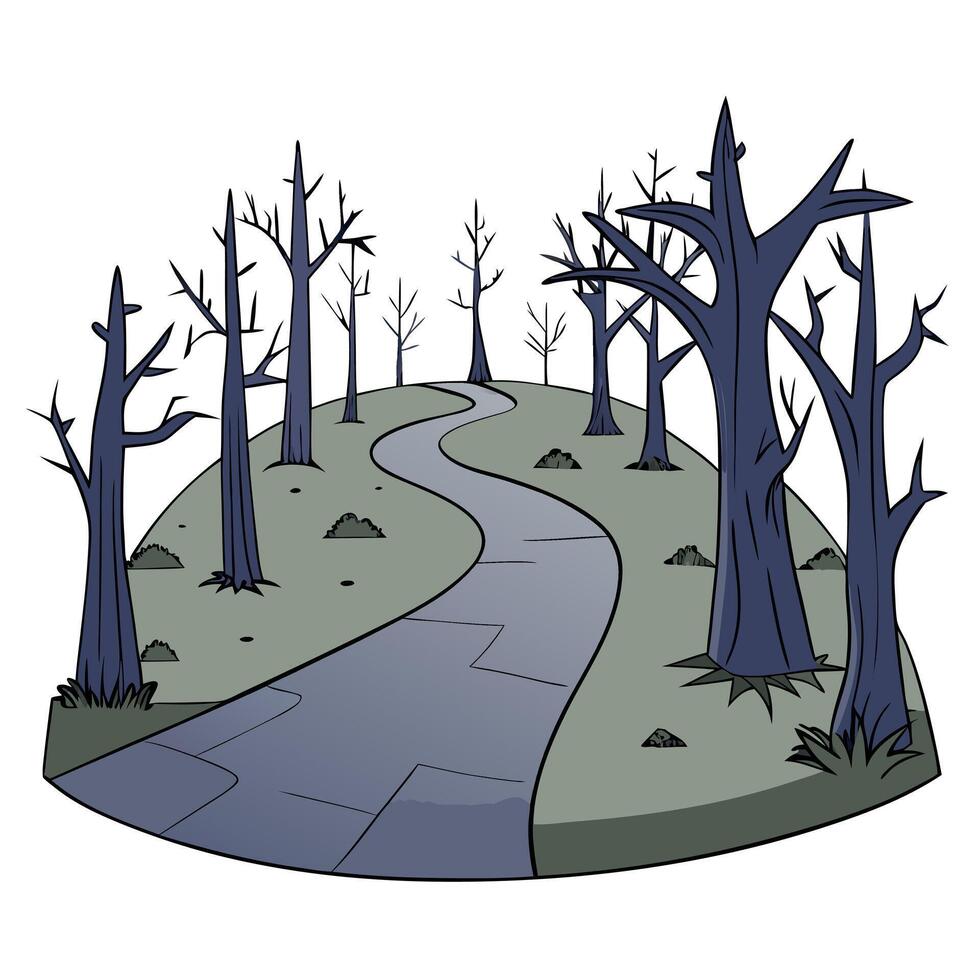 Creepy path surrounded by trees along a misty haunted forest vector