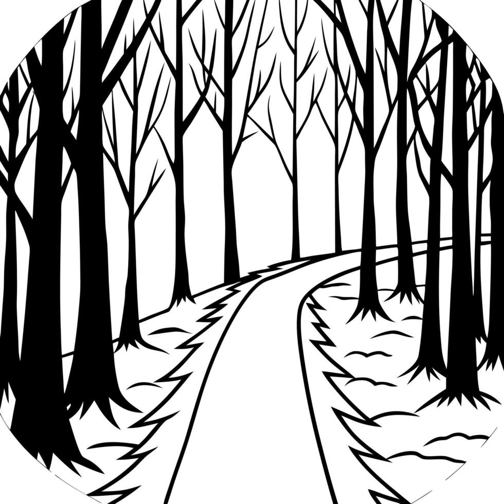 Dark forest scene with a clear path among the trees. vector