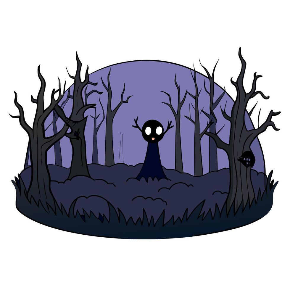 Dark creepy halloween forest with fog. Horror dark forest with scary tree. Halloween background vector