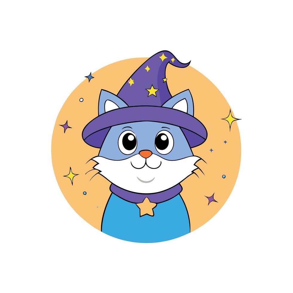 Cute cat in a purple hat on a magical background vector