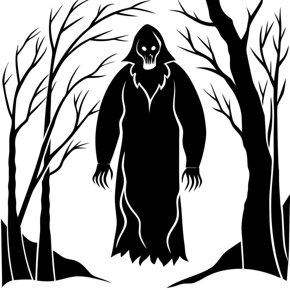Creepy figure in shadowy woods. silhouette concept vector