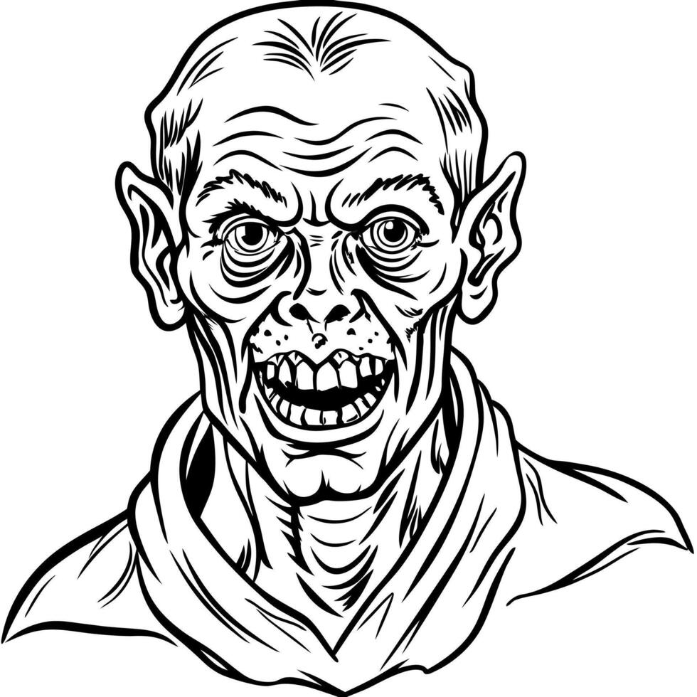 Zombie head hand drawn ink sketch. illustration in engraving style vector