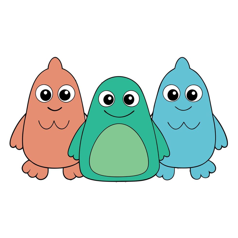 Cutout set of 3 stuffed friendly cute monster beasts plushie stuffed teddy toys isolated on transparent background vector