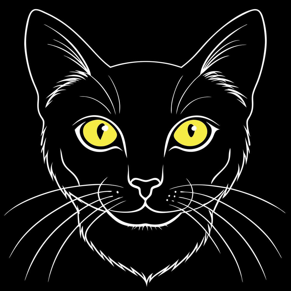 Closeup portrait black cat The face in front of eyes is yellow. Halloween black cat Black background vector