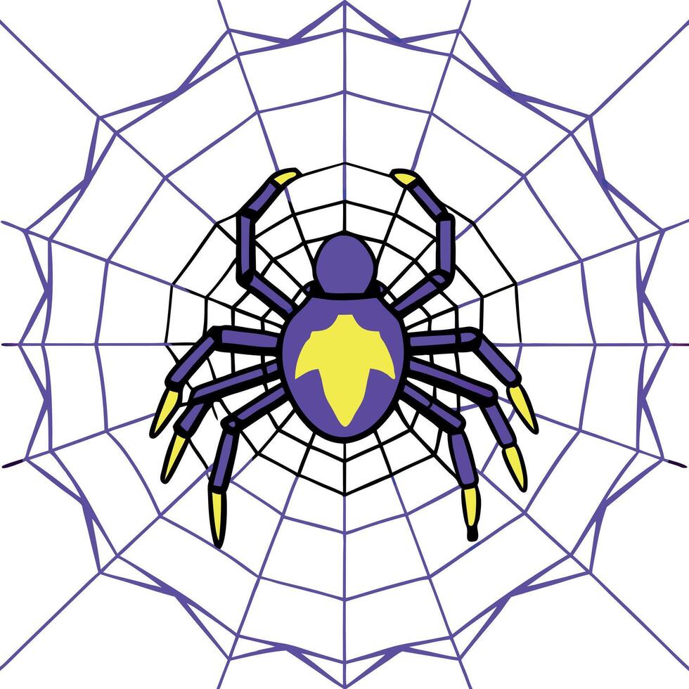 Cyberspider on digital glowing web background. Purple 3d techno insect with yellow force field creates glowing network to protect and hack system vector