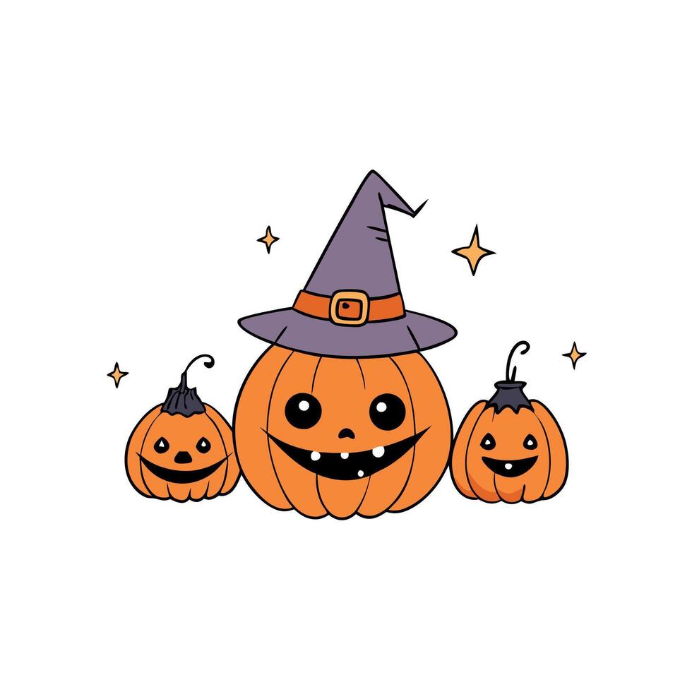 Cute halloween pumpkin watercolor style. Halloween pumpkins wearing witch hat. party elements set isolated on white background vector