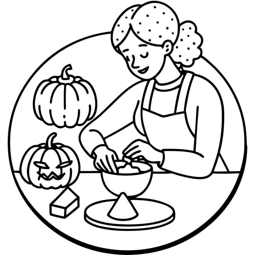 Close-up of a woman hands making pumpkin cookies and decorating them with icing. perfect for fall baking inspiration. Cozy home. Making cookies for Halloween. vector