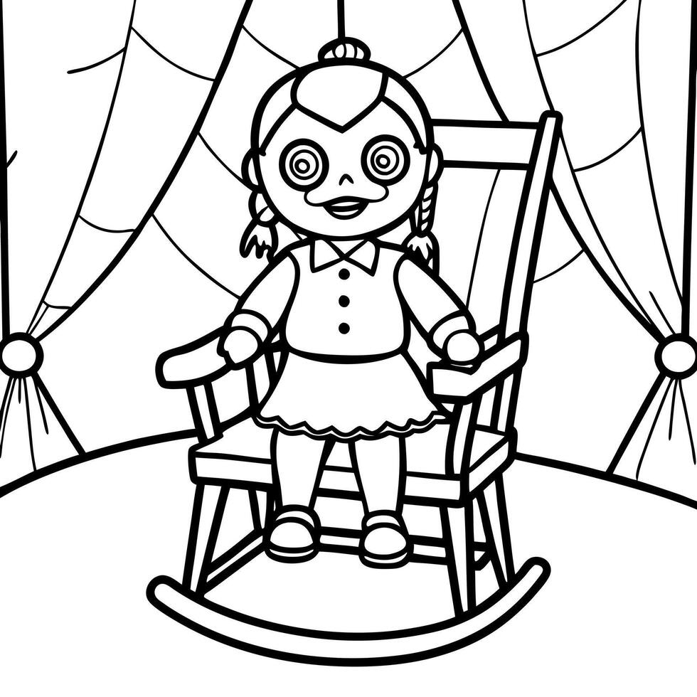 Creepy doll sitting on a rocking chair in a dimly lit room with cobwebs hanging from the ceiling vector