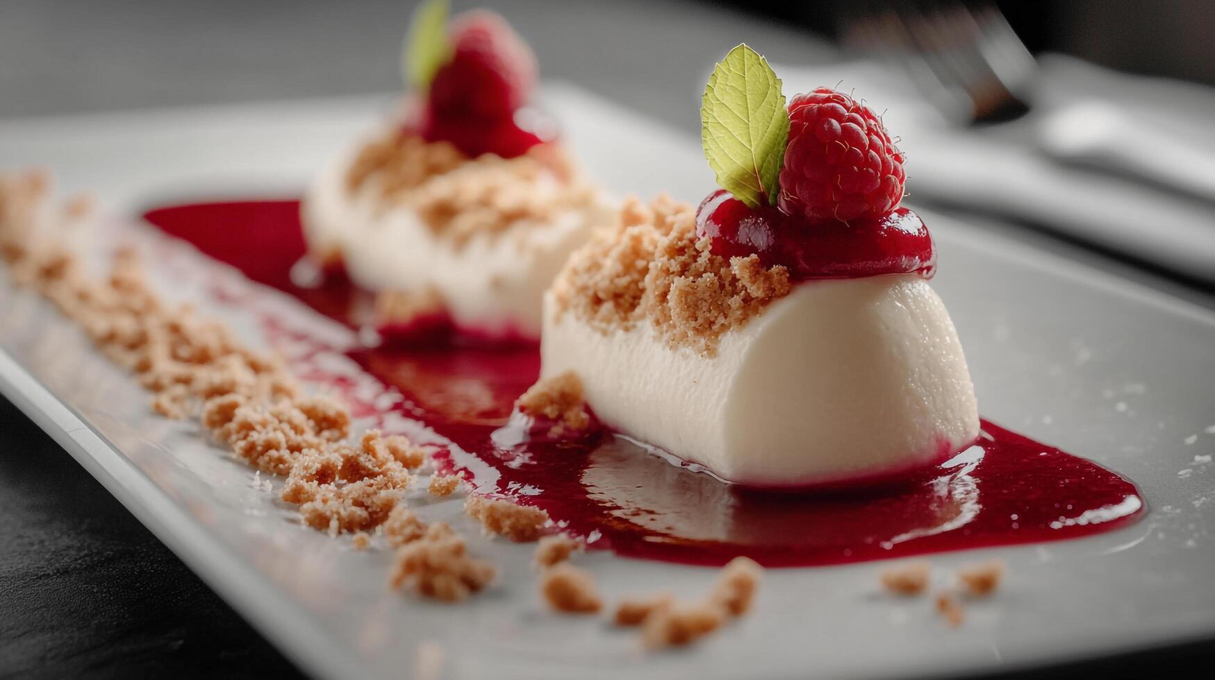 A dessert on a white plate with a raspberry on top photo