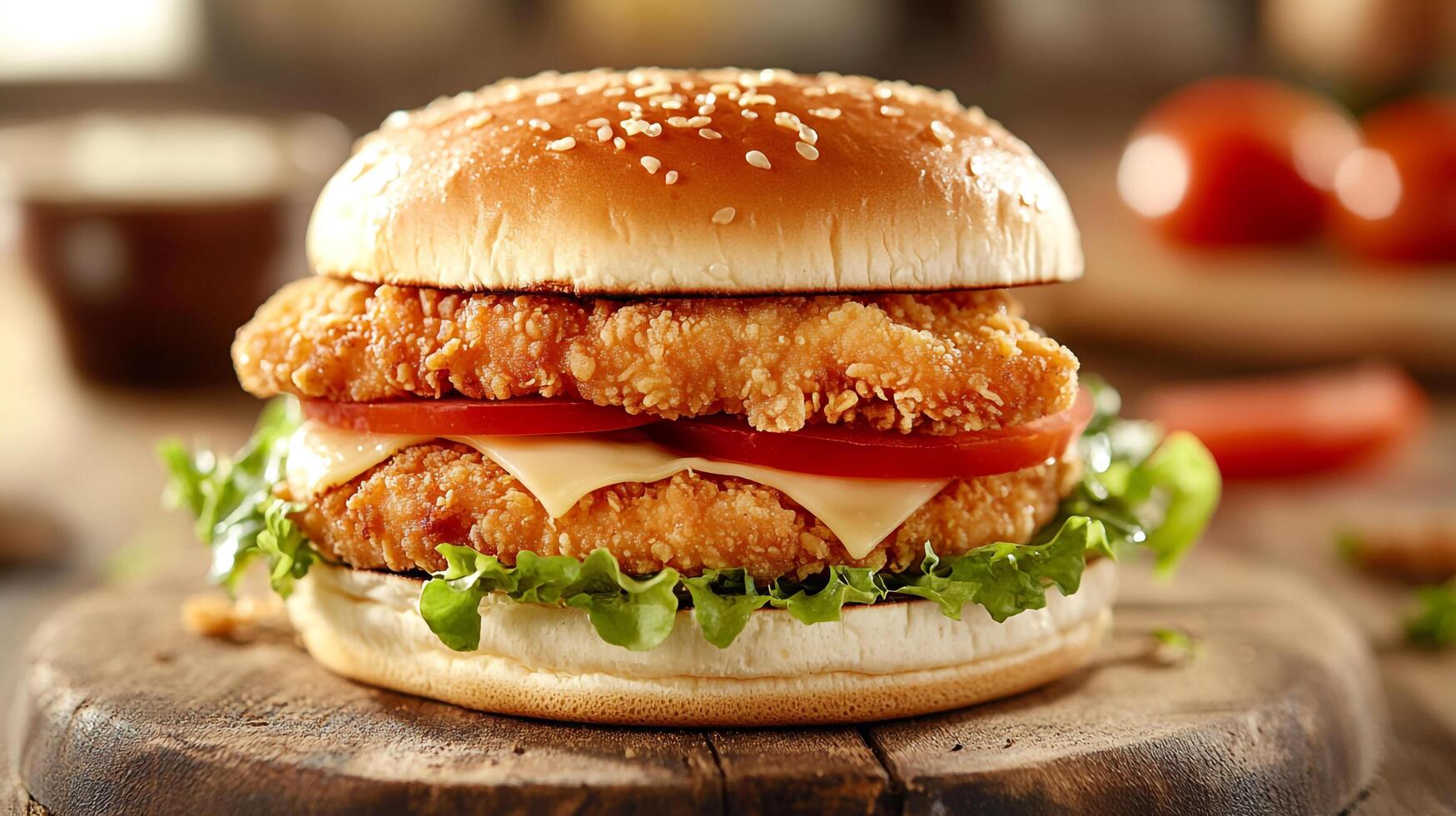 A chicken burger with cheese and lettuce on a wooden table photo