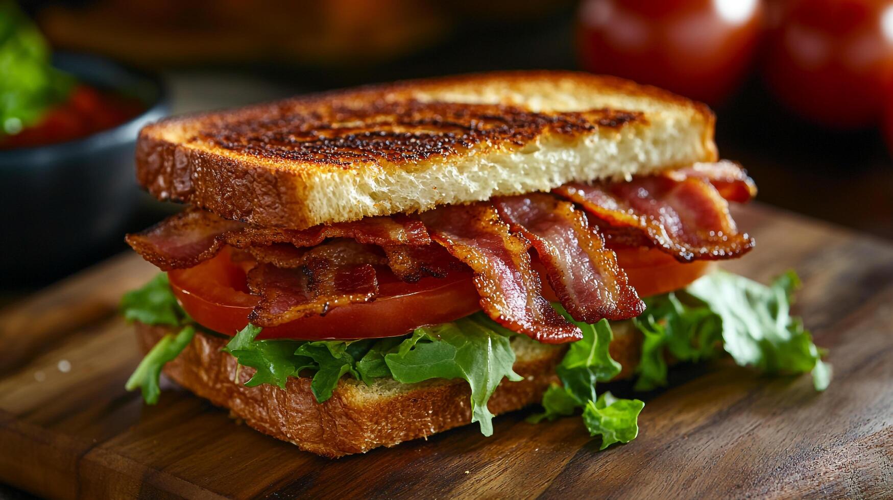 A bacon, tomato and lettuce sandwich on a wooden cutting board photo