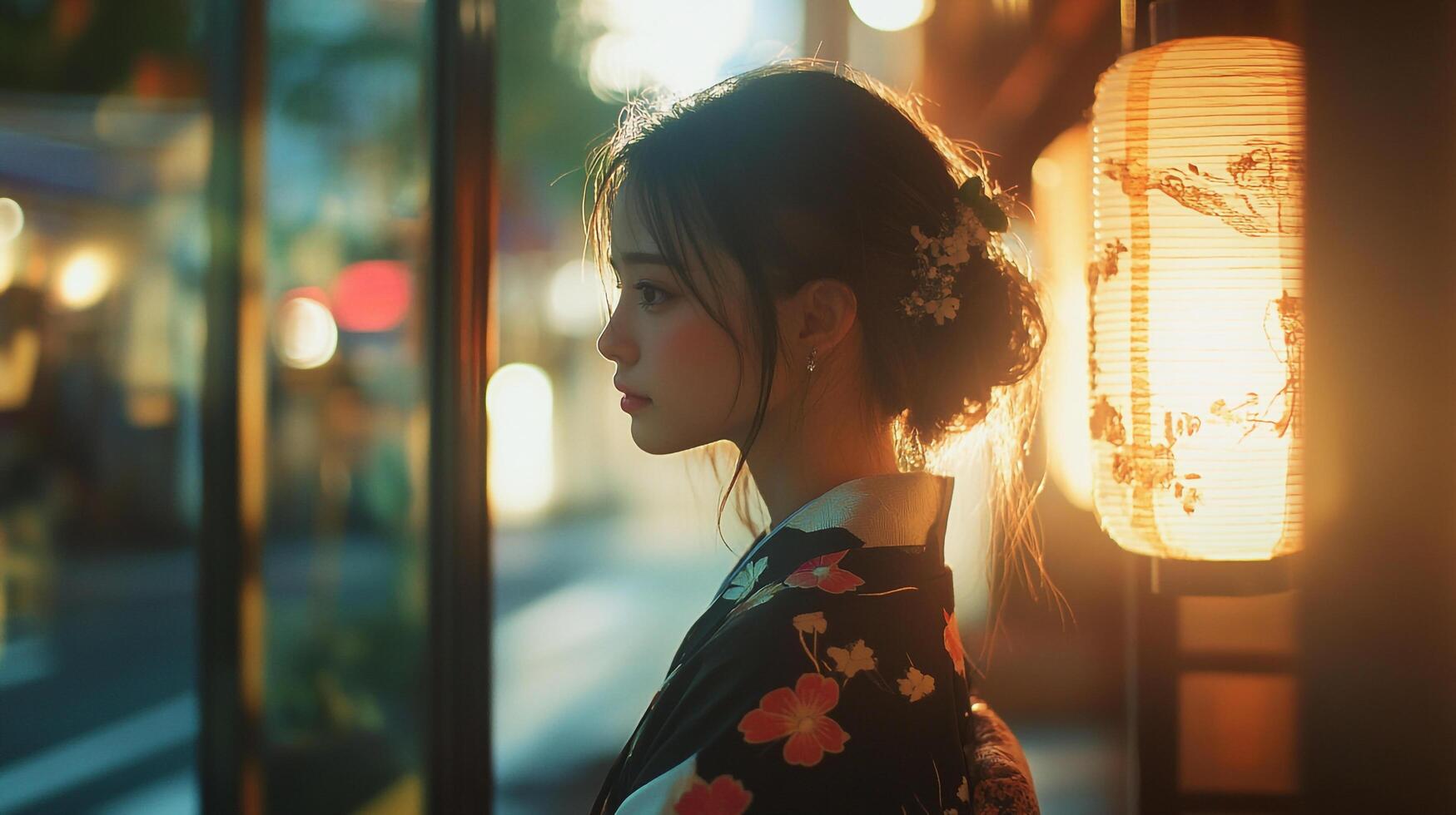 A woman in a kimono looking out the window photo