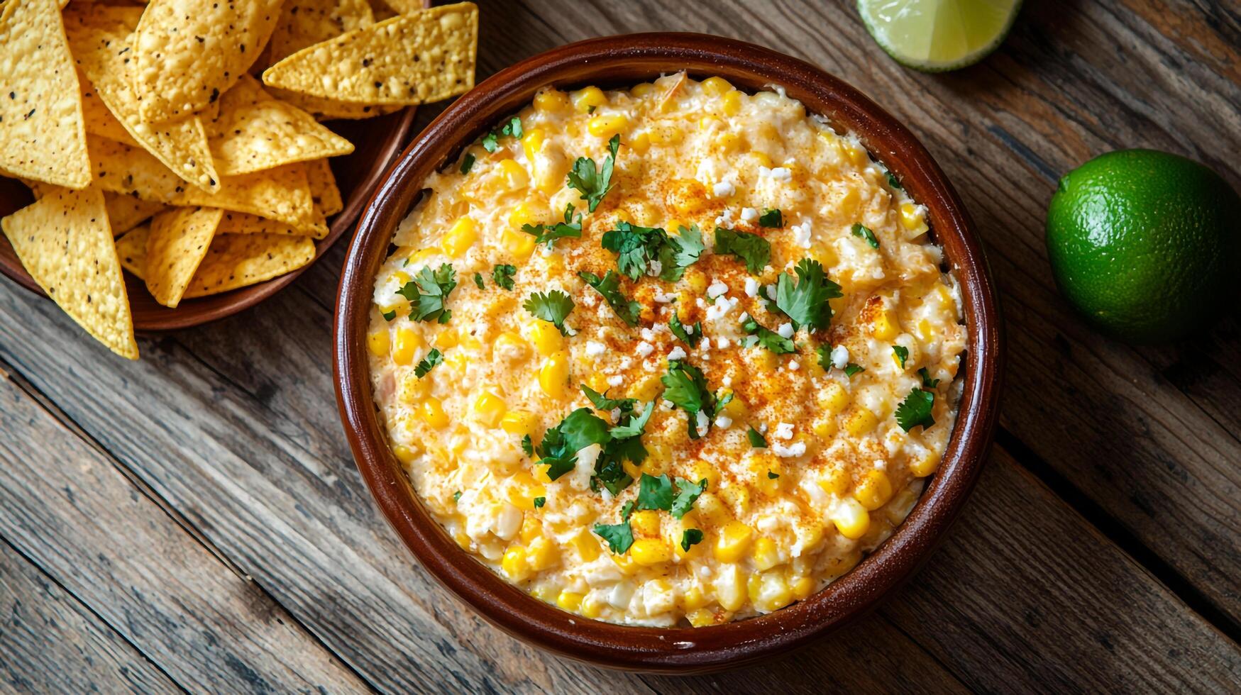 A bowl of corn and cheese dip with tortilla chips photo