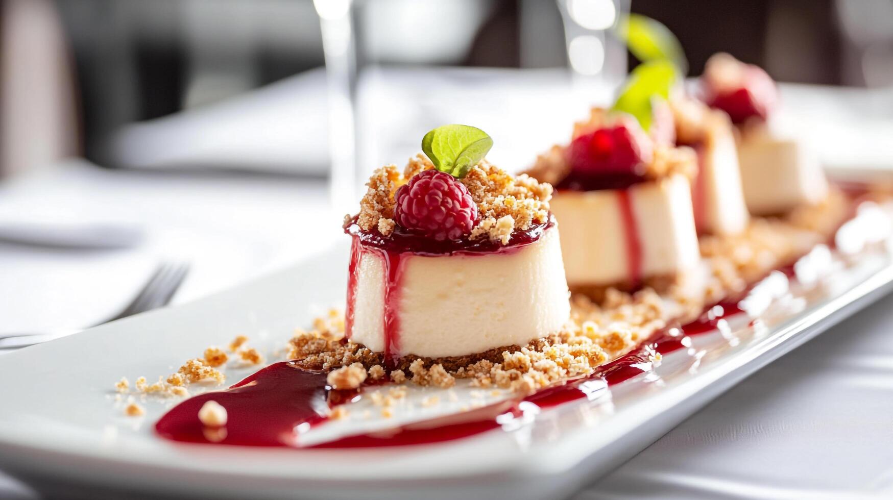 A dessert with raspberry sauce and crumbs on a white plate photo