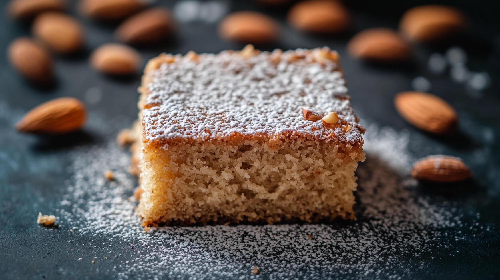 A piece of cake with powdered sugar on top photo