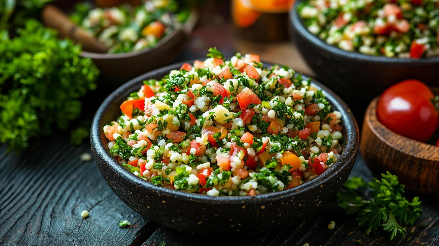 A bowl of couscous with vegetables and herbs photo